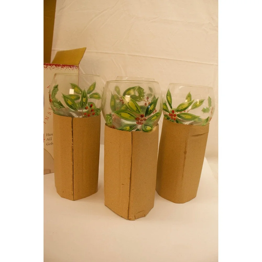 Block Basics Poinsettia Hand Painted All Purpose Goblets Set of 4 Christmas Wine
